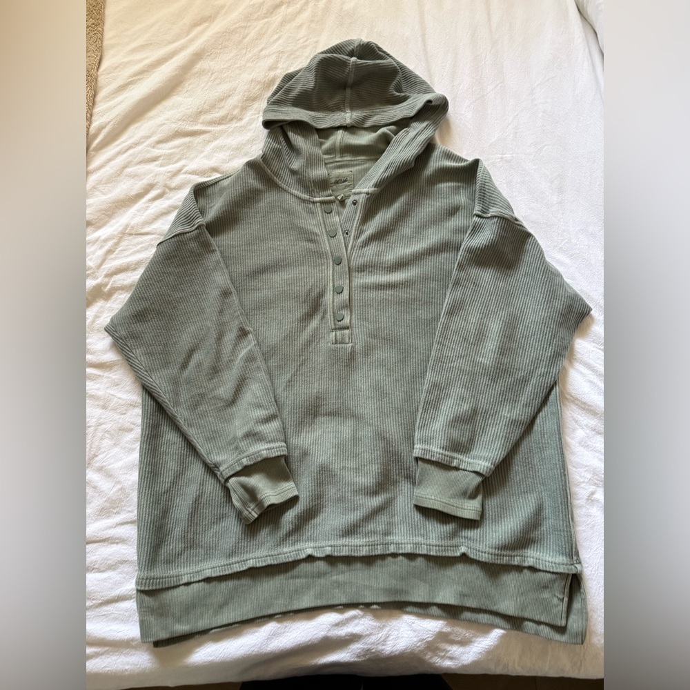 aerie Olive Green Waffle Knit Hooded Henley Pullover